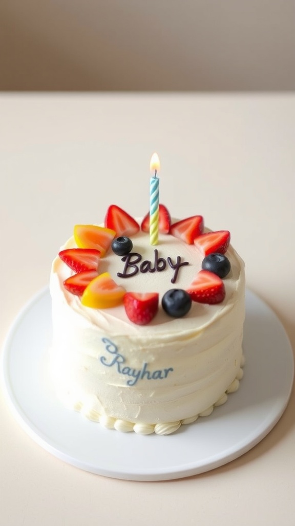 Delicious Vegan Cake for Baby Vegan birthday cake for a baby with fresh fruit topping and a candle on a pastel background.
